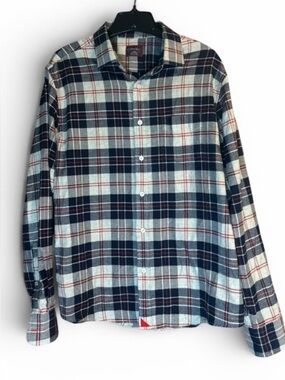 UNTUCKit Flannel Shirt Mens Large Blue Cream Red Plaid Cotton Long Sleeve